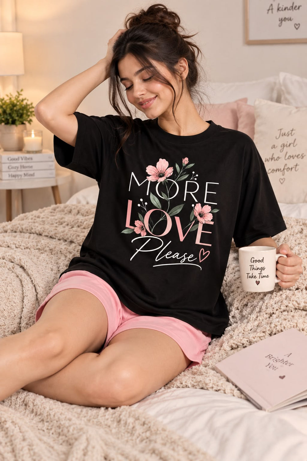 Karavya Black More Love Printed Women’s T-Shirt & Pink Shorts Nightwear Set