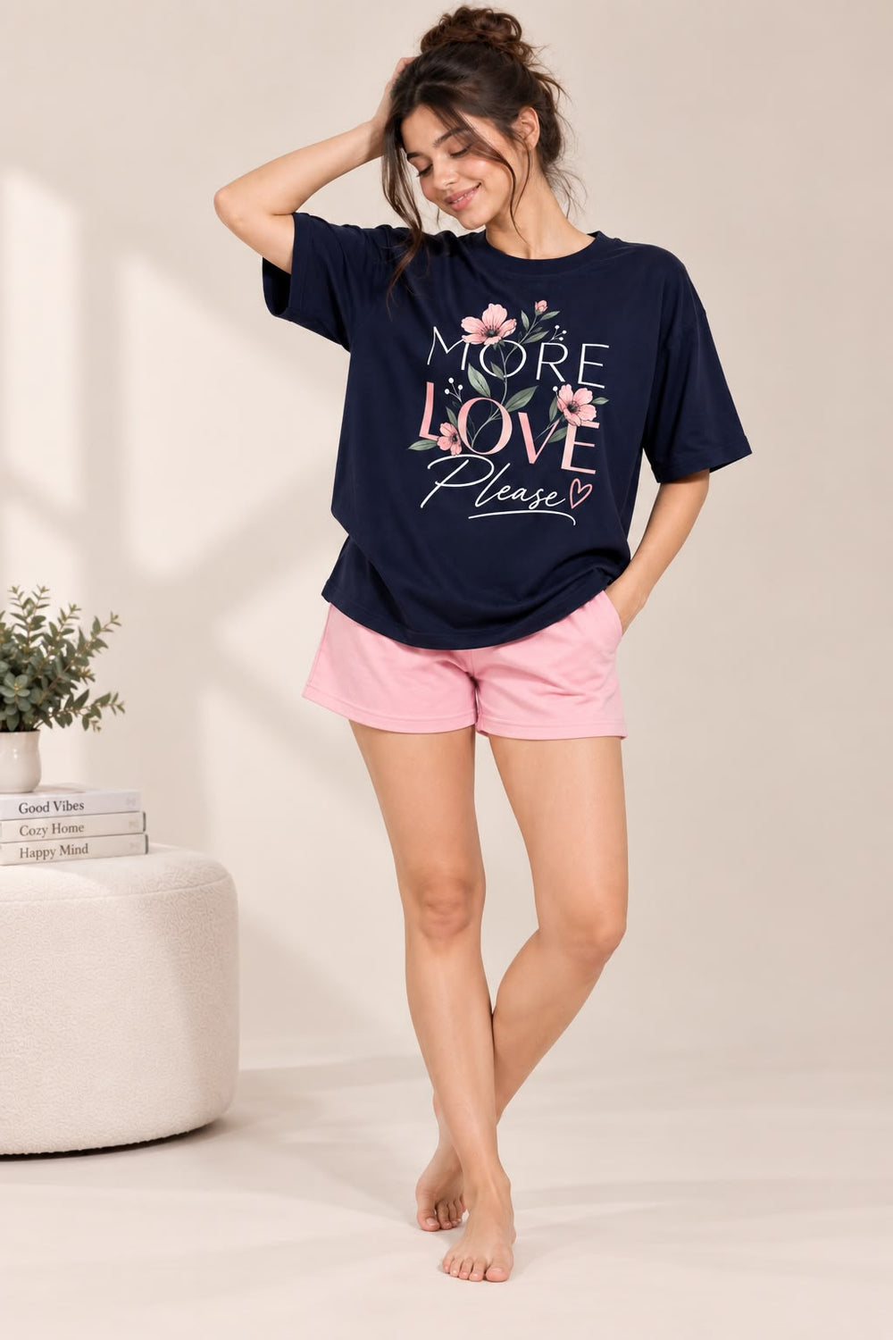 Karavya Navy More Love Printed Women’s T-Shirt & Pink Shorts Nightwear Set