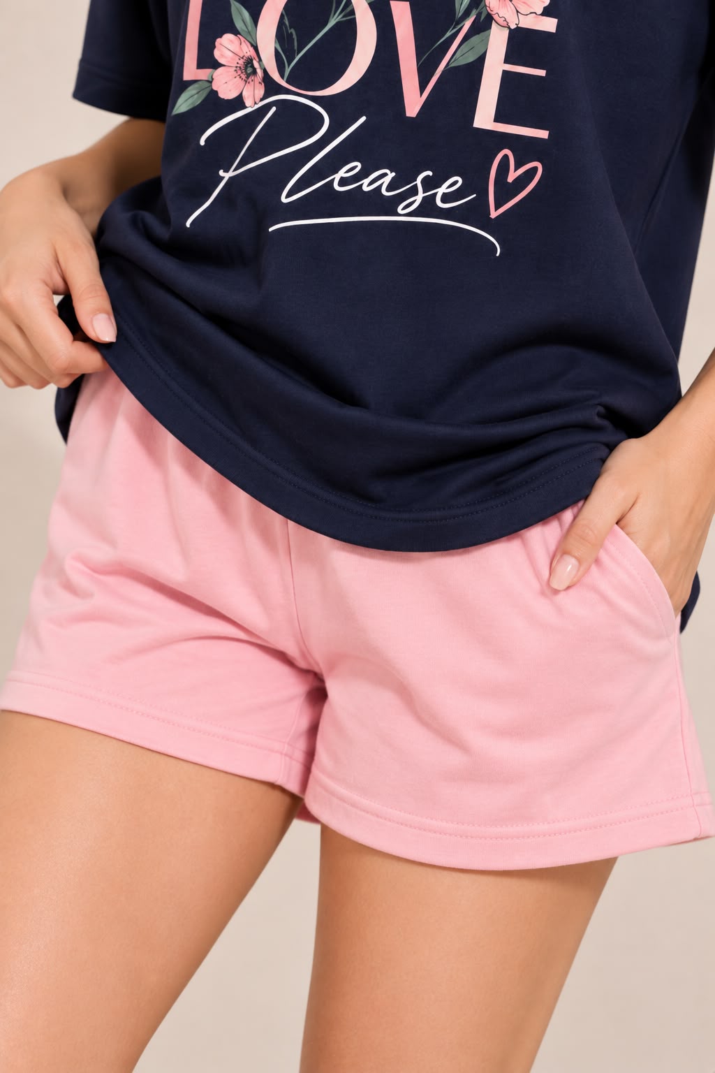 Karavya Navy More Love Printed Women’s T-Shirt & Pink Shorts Nightwear Set