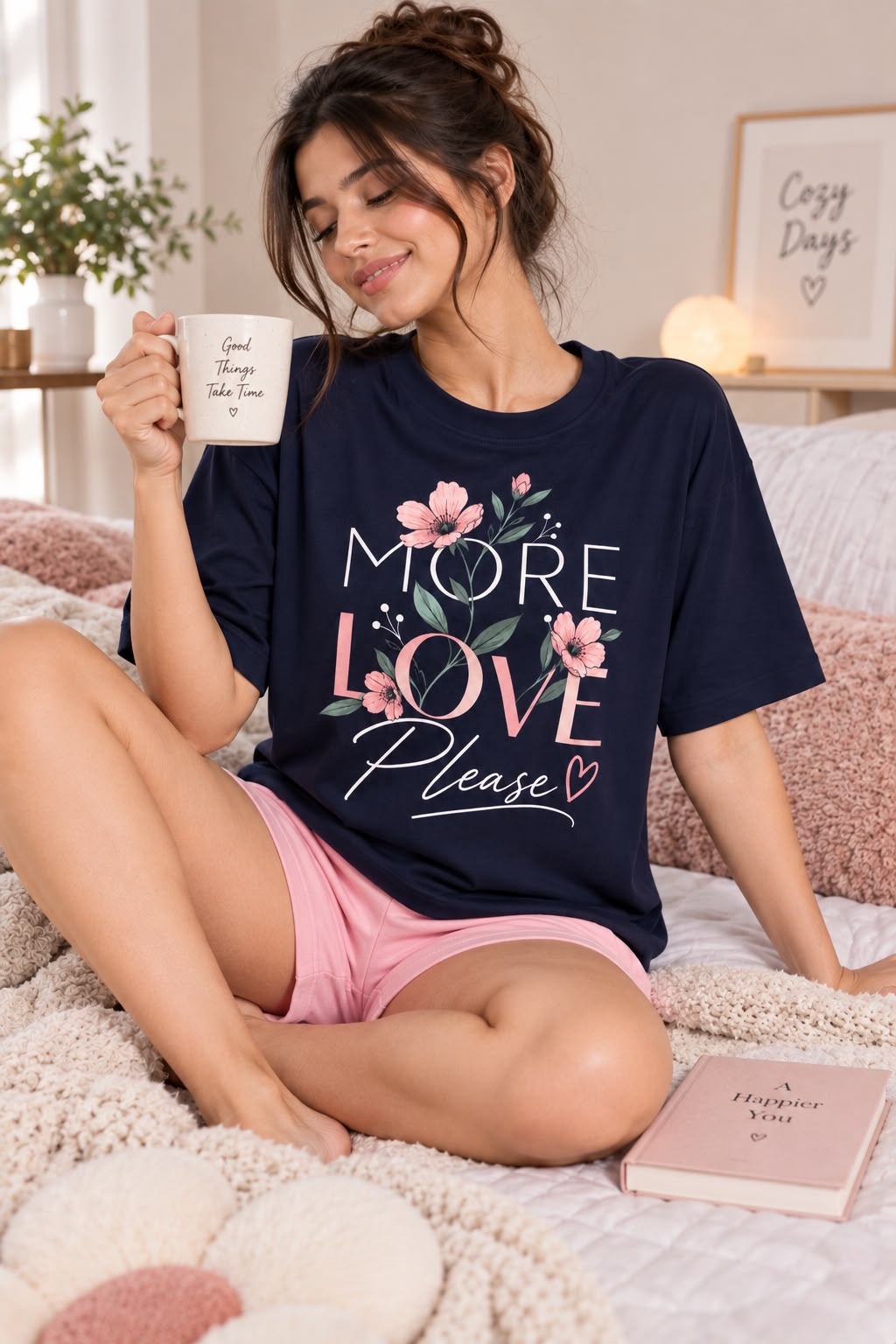 Karavya Navy More Love Printed Women’s T-Shirt & Pink Shorts Nightwear Set