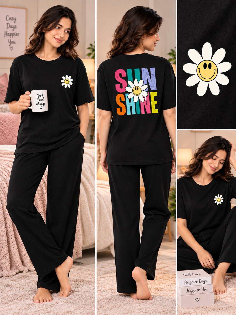 Karavya Women’s Sun Shine Daisy Graphic T-Shirt & Pajama Nightwear Set