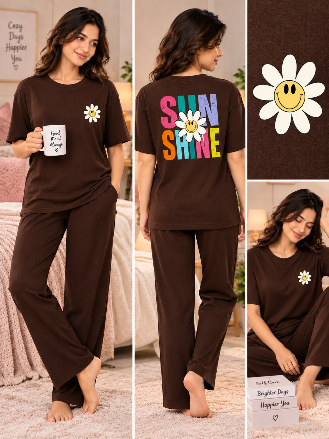 Karavya Women’s Sun Shine Daisy Graphic T-Shirt & Pajama Nightwear Set