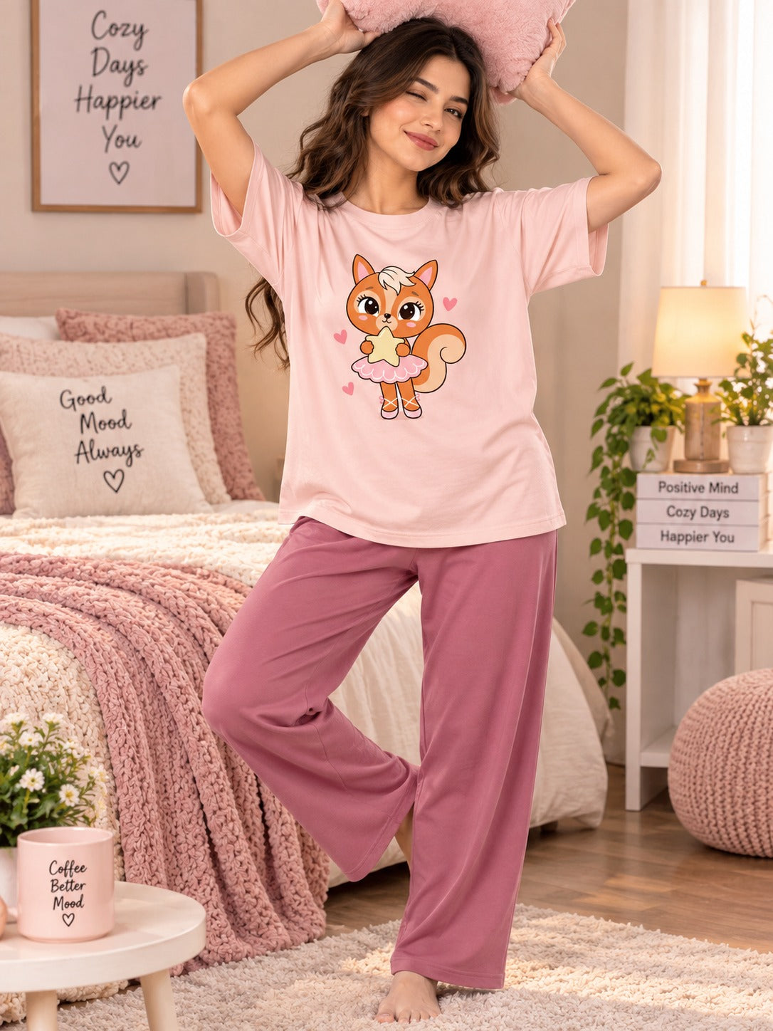 Karavya Women’s Cute Squirrel Graphic T-Shirt & Pajama Nightwear Set