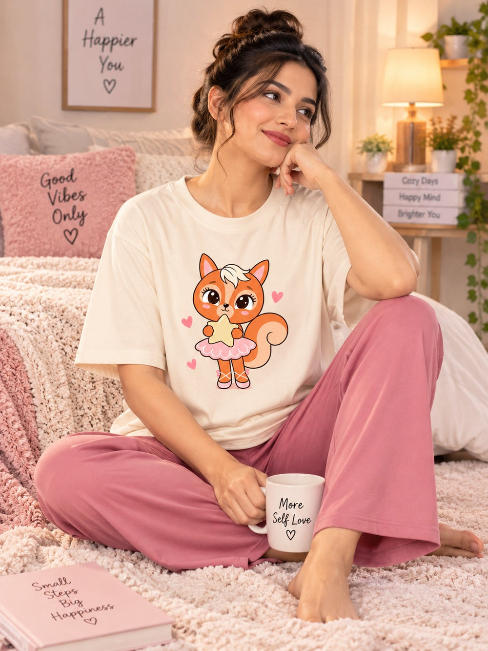 Karavya Women’s Cute Squirrel Graphic T-Shirt & Pajama Nightwear Set
