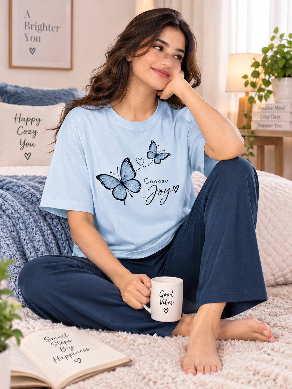 Karavya Women’s Choose Joy Butterfly Graphic Oversized T-Shirt & Pajama Nightwear Set