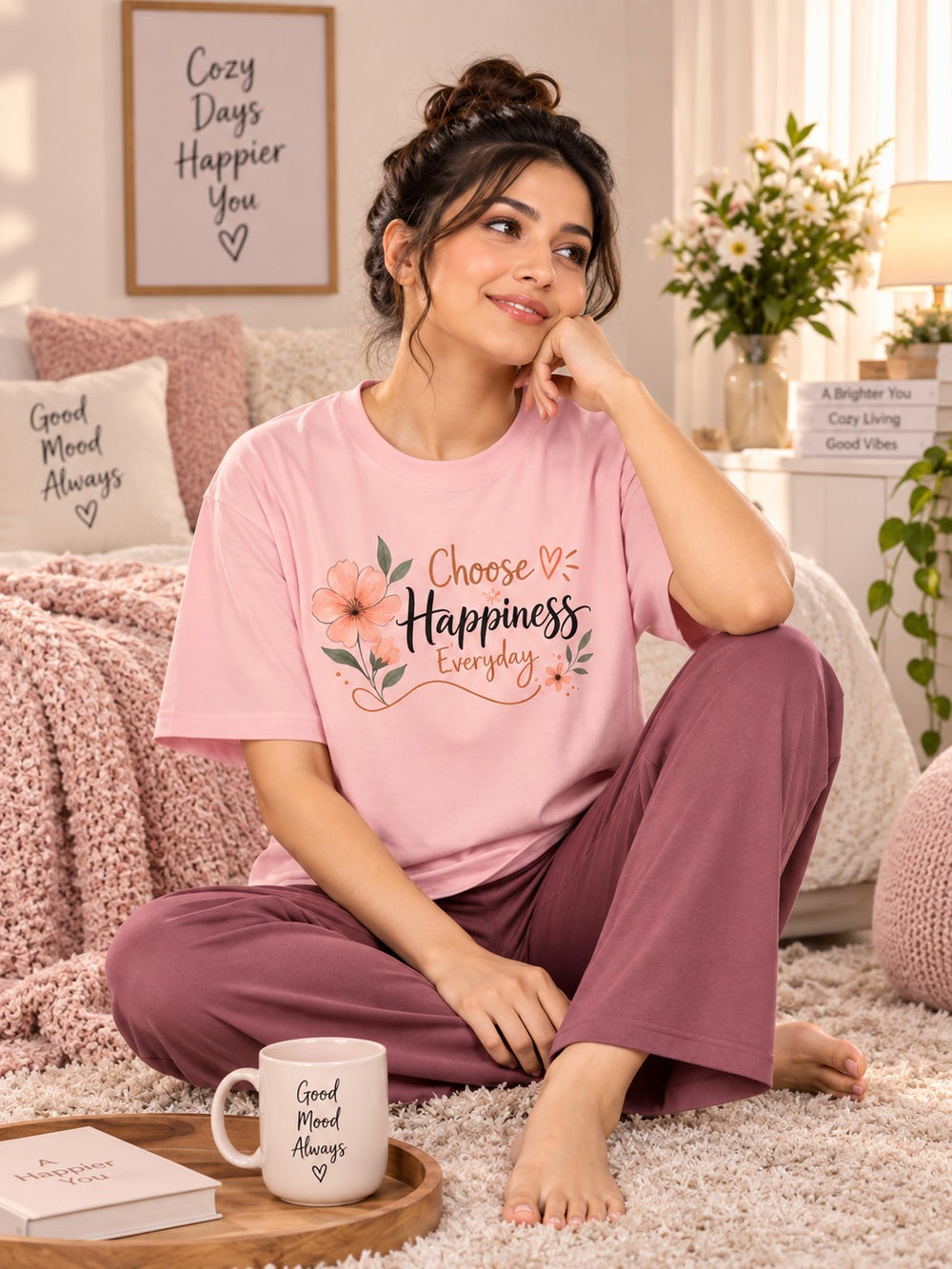 Karavya Women’s Choose Happiness Floral Graphic T-Shirt & Pajama Nightwear Set