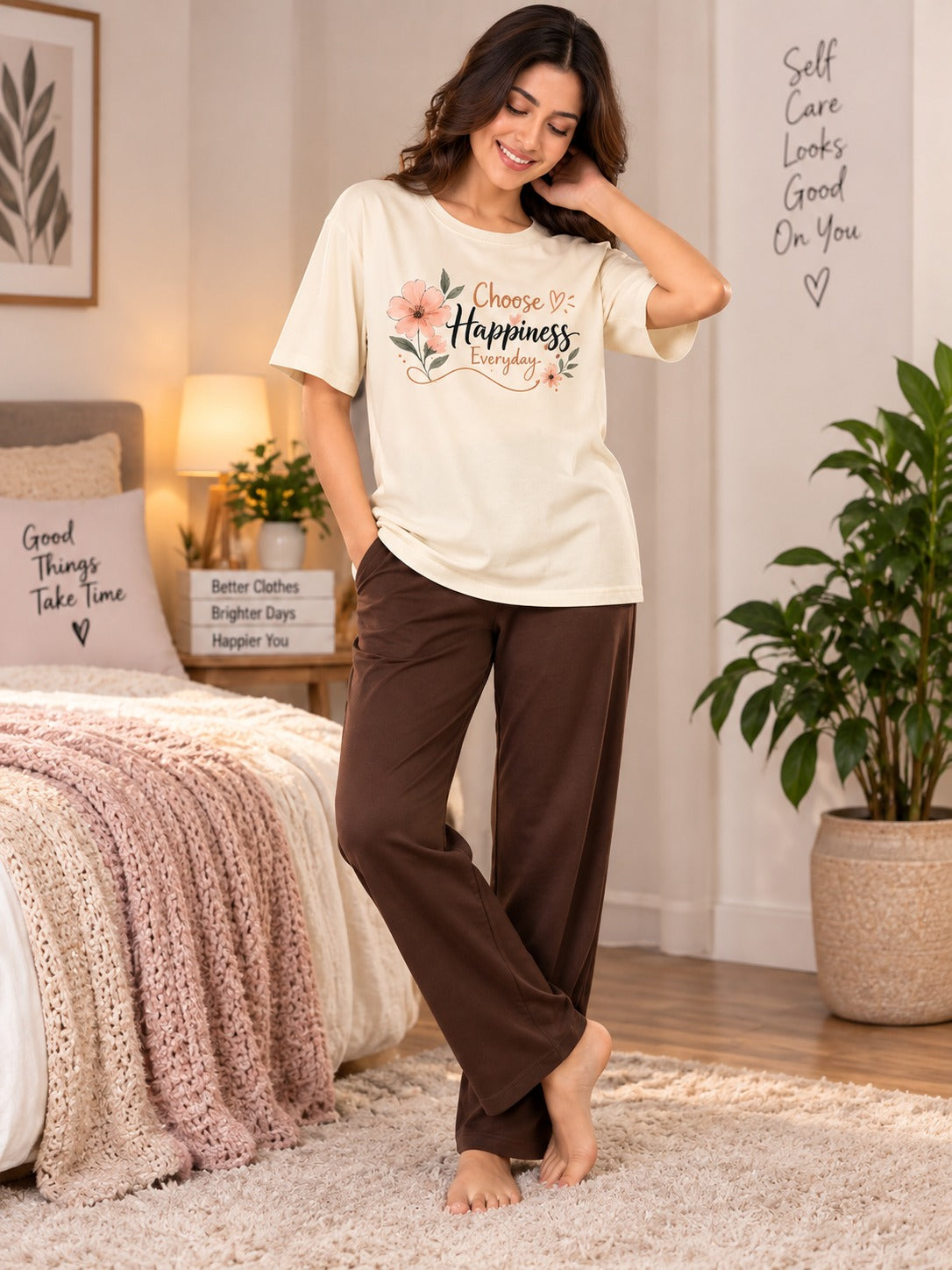 Karavya Women’s Choose Happiness Floral Graphic T-Shirt & Pajama Nightwear Set
