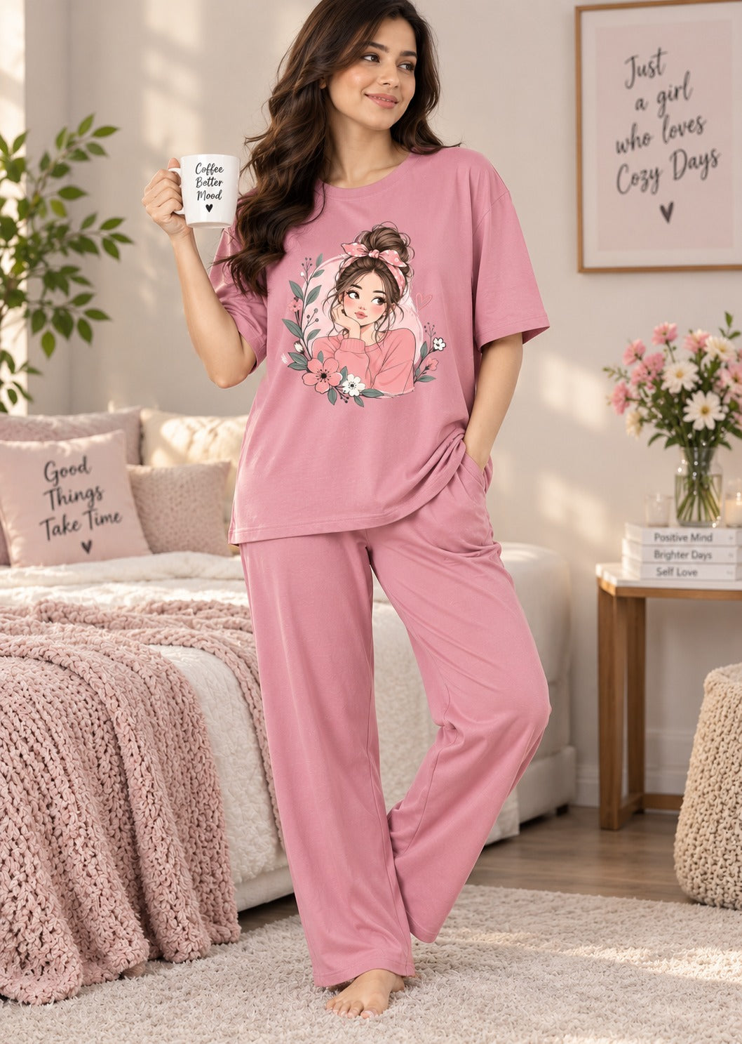 Karavya Women’s Girl Graphic Oversized T-Shirt & Full-Length Pajama Nightwear Set