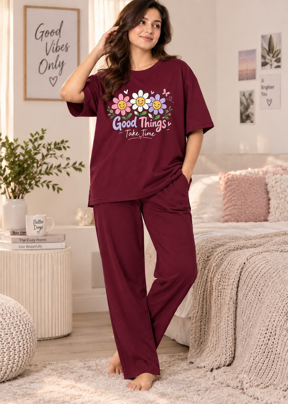 Karavya Women’s Good Things Floral Graphic T-Shirt & Pajama Nightwear Set