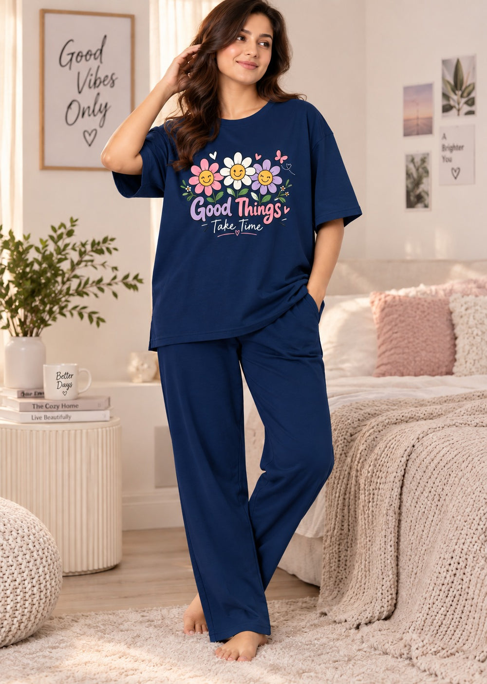 Karavya Women’s Good Things Floral Graphic T-Shirt & Pajama Nightwear Set