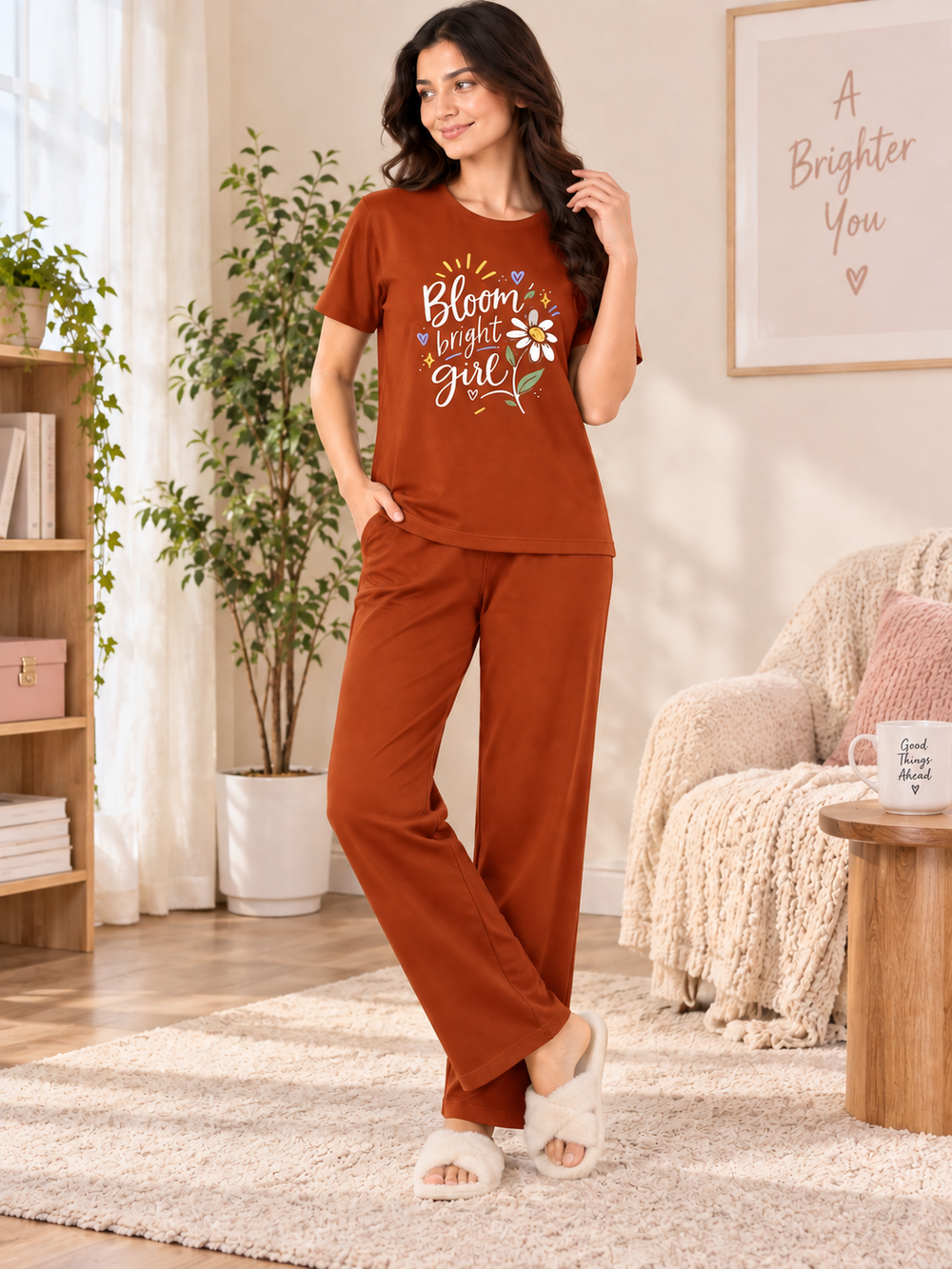 Karavya Women’s Pink “Be The Sunshine” Oversized T-Shirt & Cream Pajama Nightwear Set