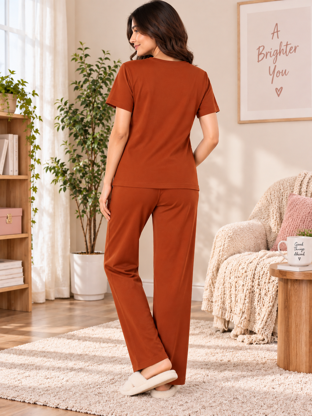 Karavya Women’s Pink “Be The Sunshine” Oversized T-Shirt & Cream Pajama Nightwear Set