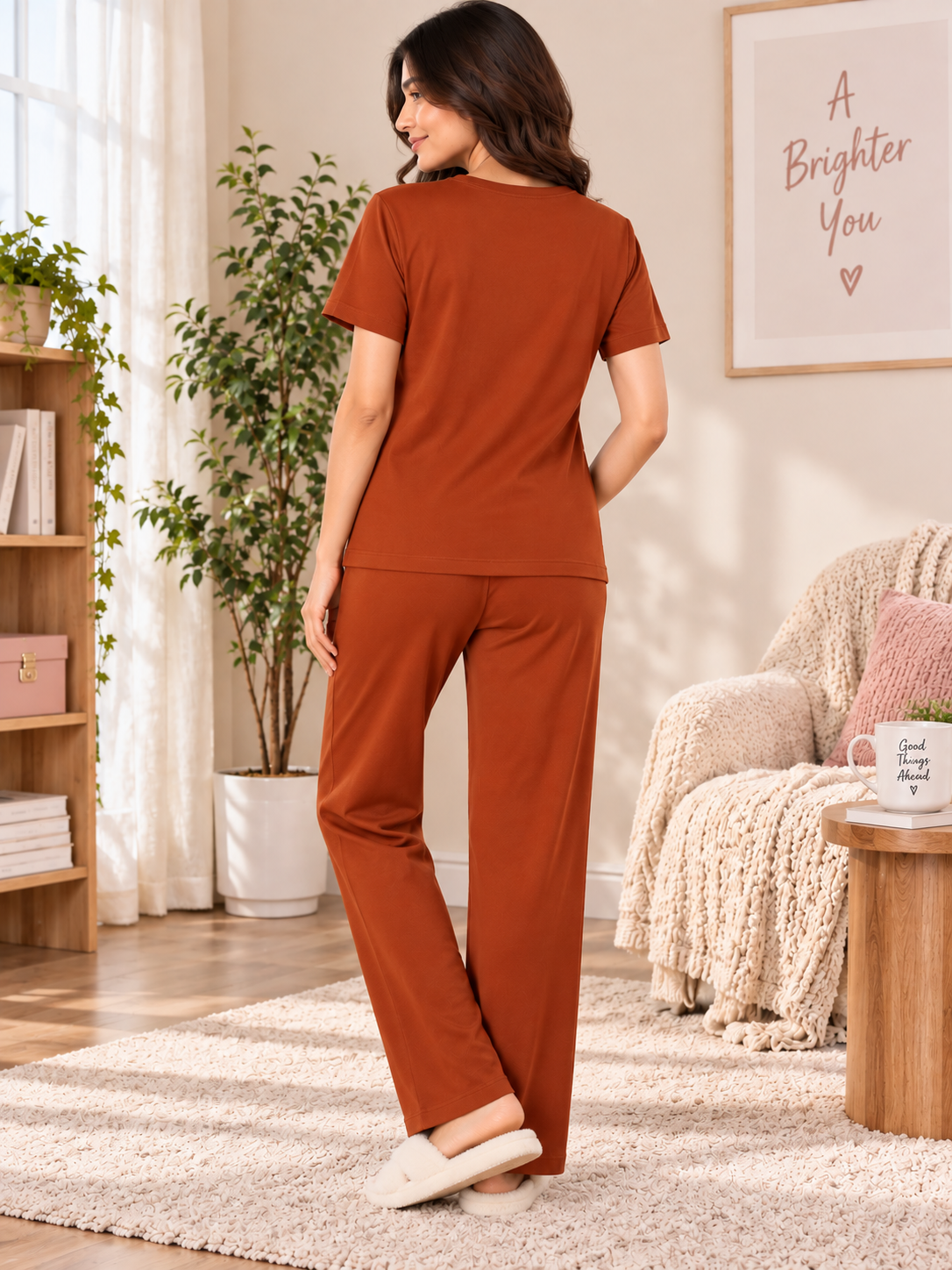 Karavya Women’s Pink “Be The Sunshine” Oversized T-Shirt & Cream Pajama Nightwear Set