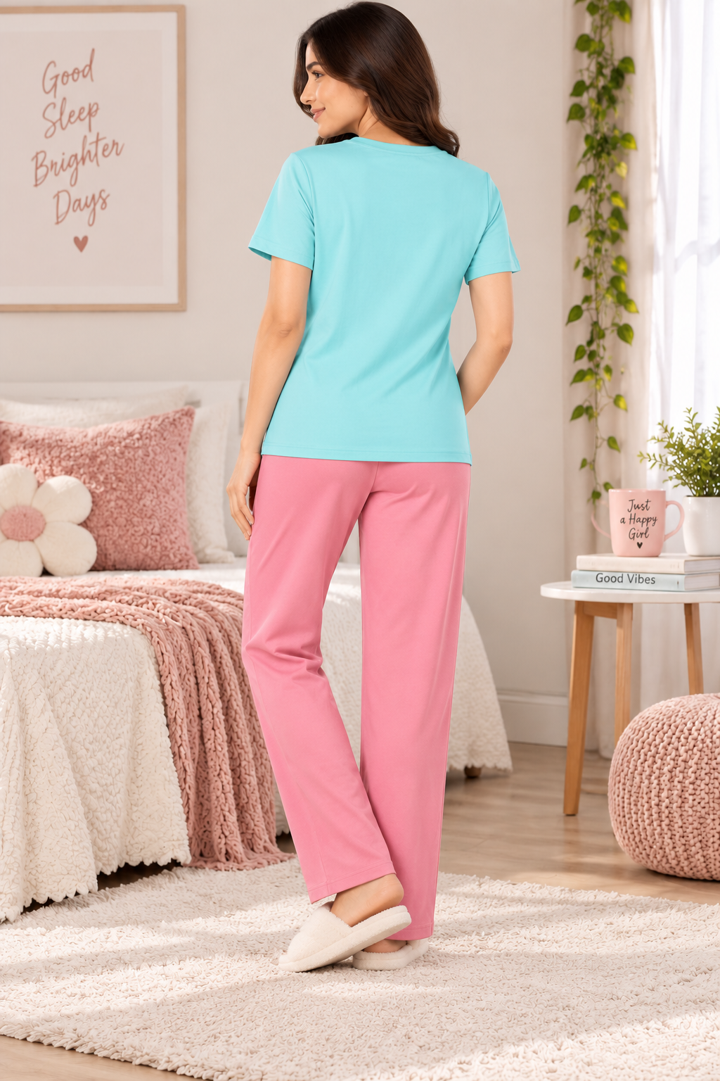 Karavya Women’s Aqua Blue Graphic Printed T-Shirt & Pink Pajama Nightwear Set