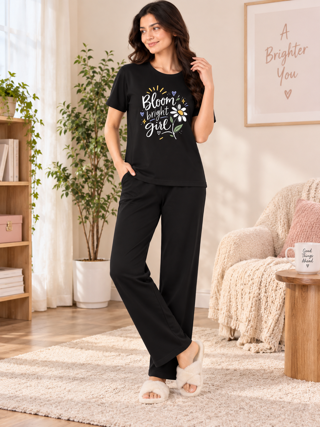 Karavya Women’s Black Graphic Printed T-Shirt & Pajama Nightwear Set