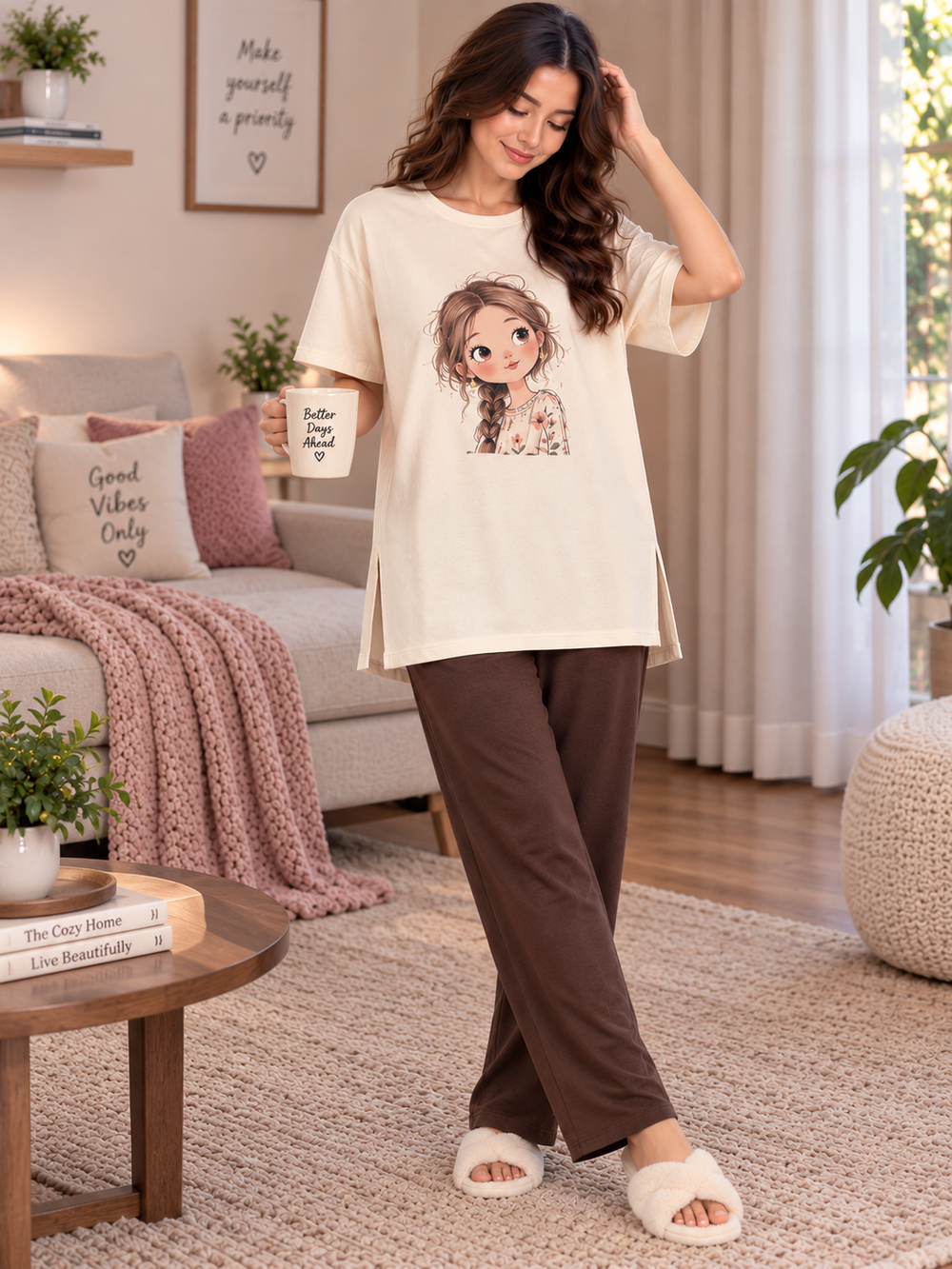 Karavya Women’s Printed Oversized Long T-Shirt & Pajama Nightwear Set