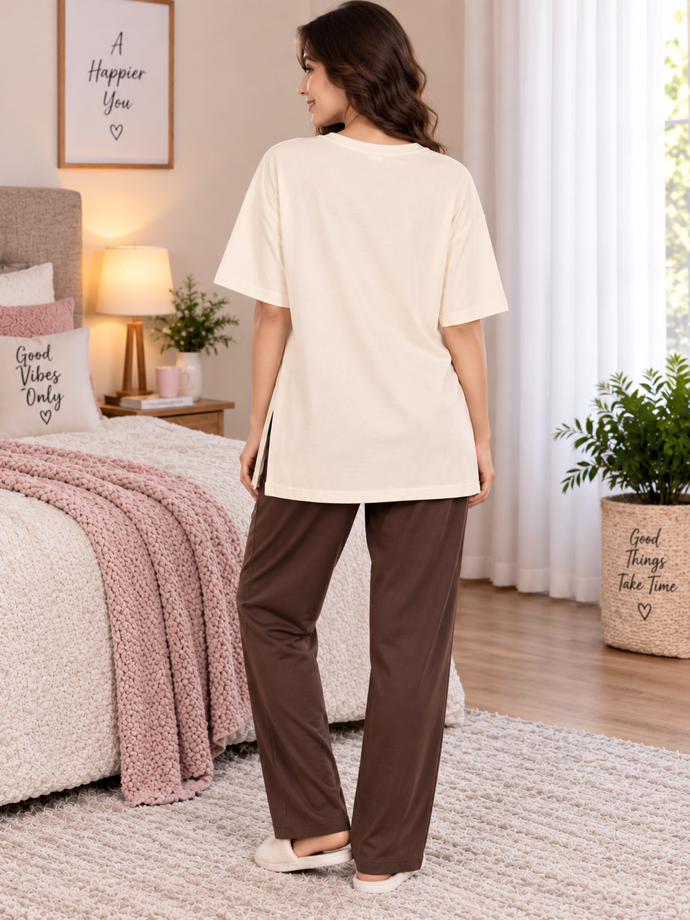 Karavya Women’s Printed Oversized Long T-Shirt & Pajama Nightwear Set
