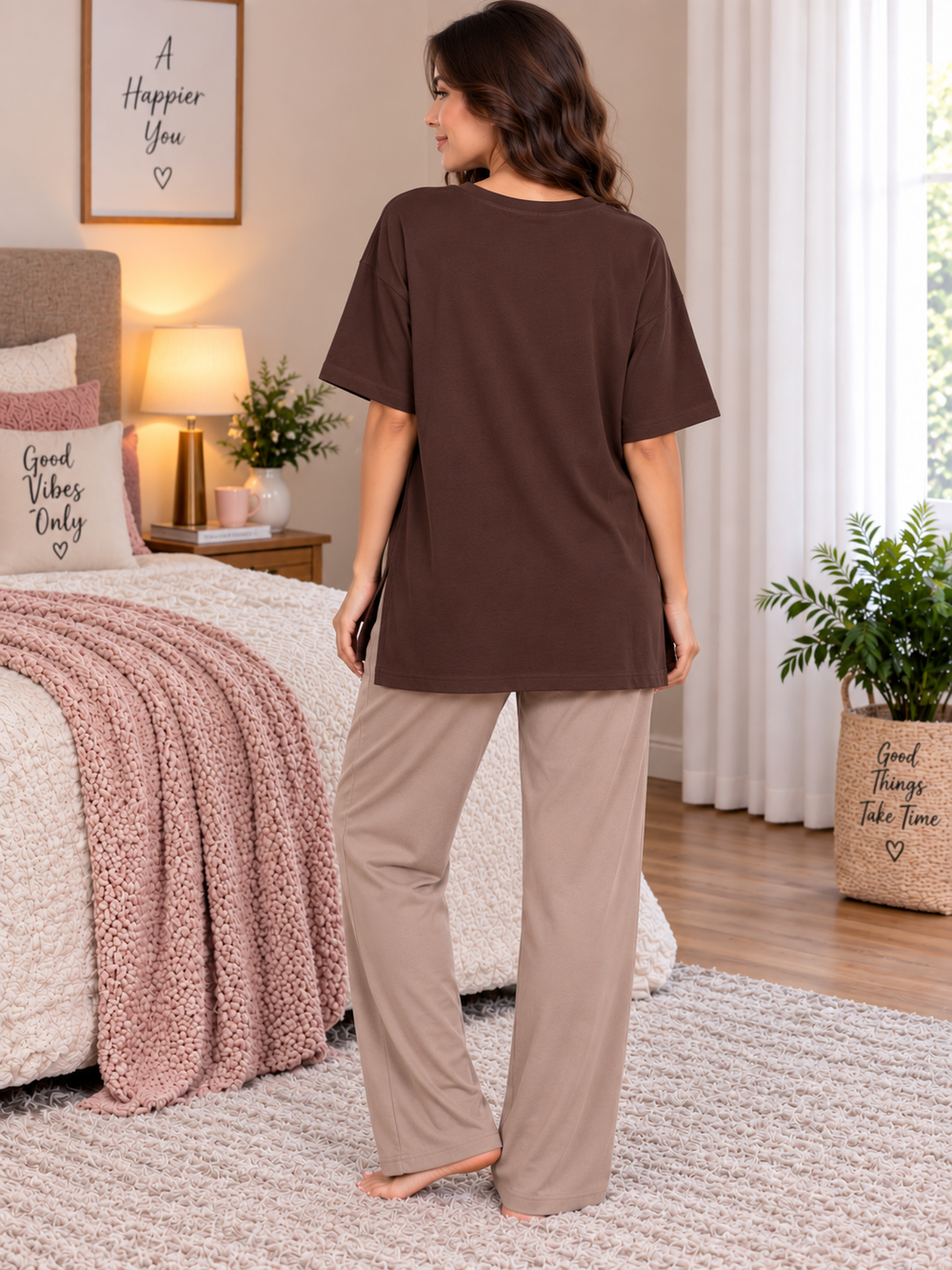 Karavya Women’s Printed Oversized Long T-Shirt & Pajama Nightwear Set