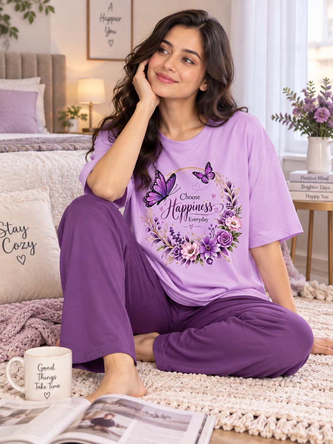 Karavya Women’s Printed Oversized Long T-Shirt & Pajama Nightwear Set