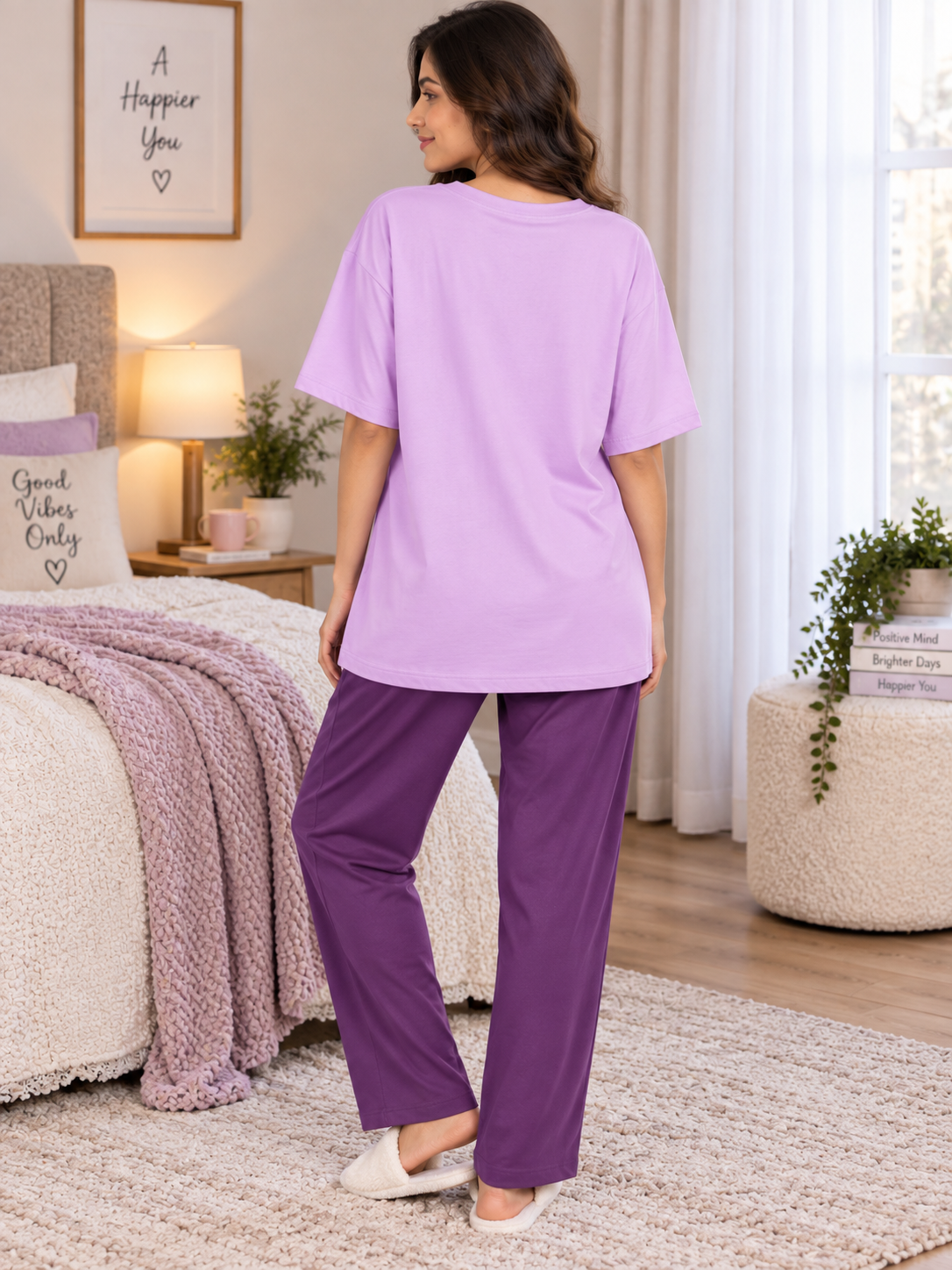 Karavya Women’s Printed Oversized Long T-Shirt & Pajama Nightwear Set
