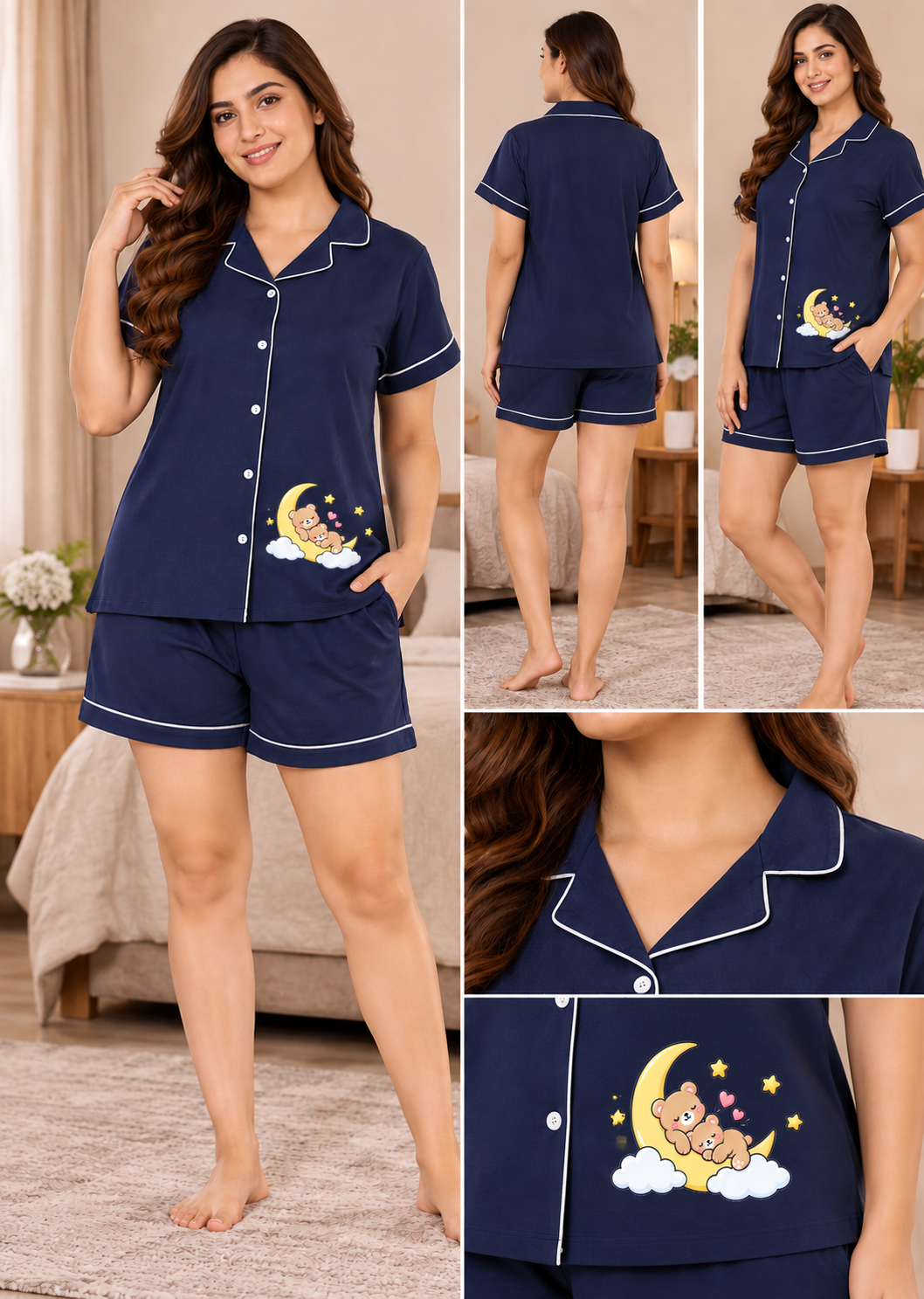 Karavya Women’s Navy Blue Moon Bear Print Button-Down Short Night Suit