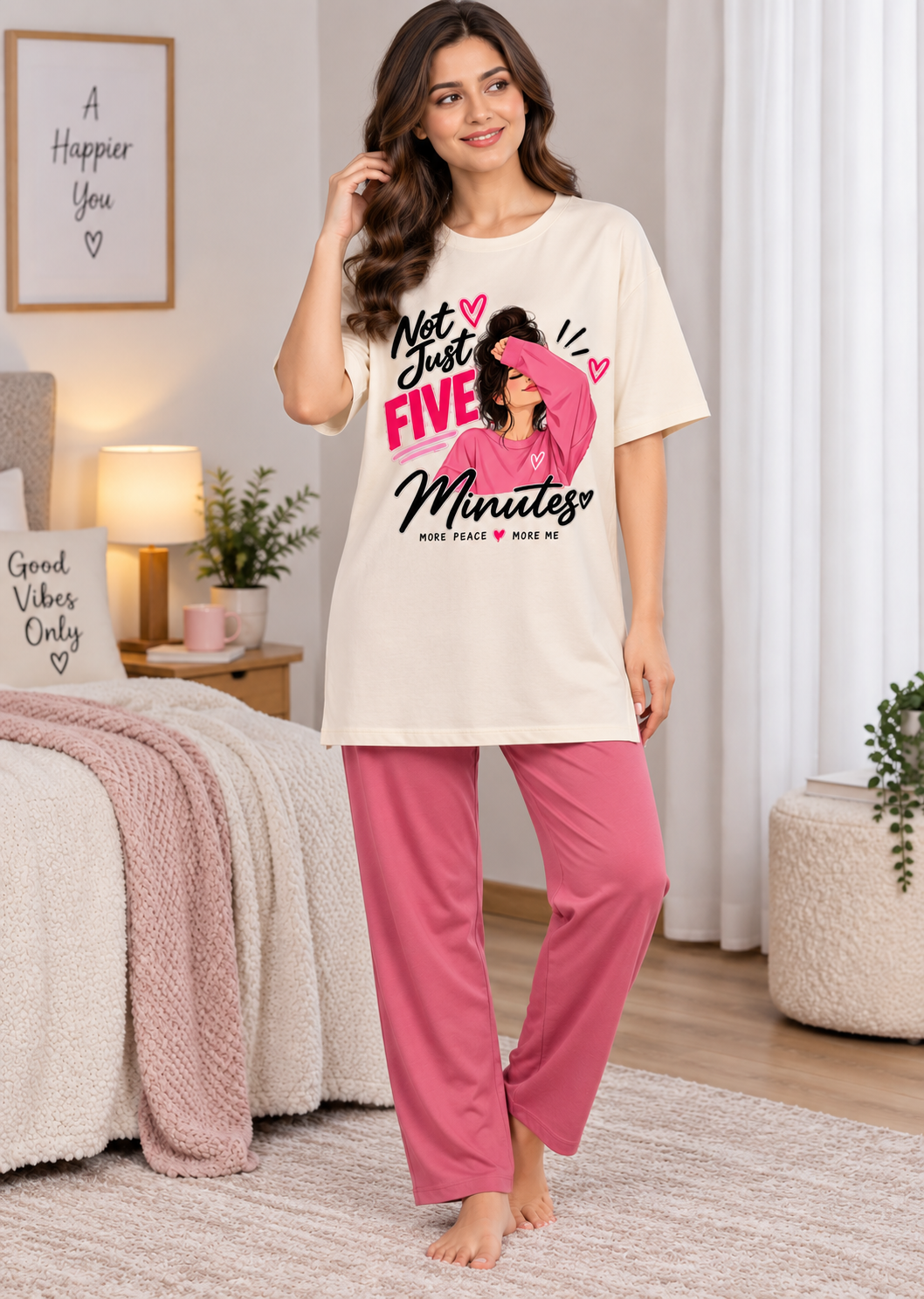 Karavya Women’s Printed Oversized Long T-Shirt & Pajama Nightwear Set