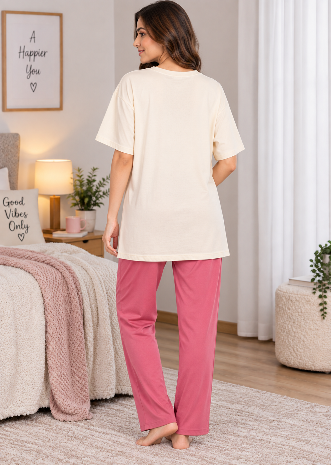 Karavya Women’s Printed Oversized Long T-Shirt & Pajama Nightwear Set
