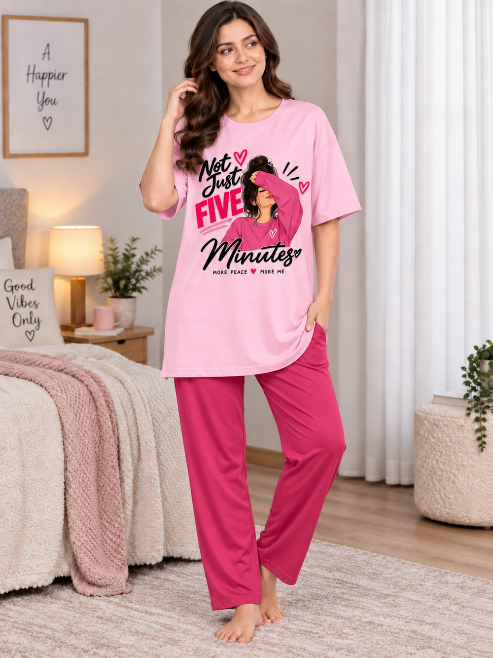 Karavya Women’s Printed Oversized Long T-Shirt & Pajama Nightwear Set