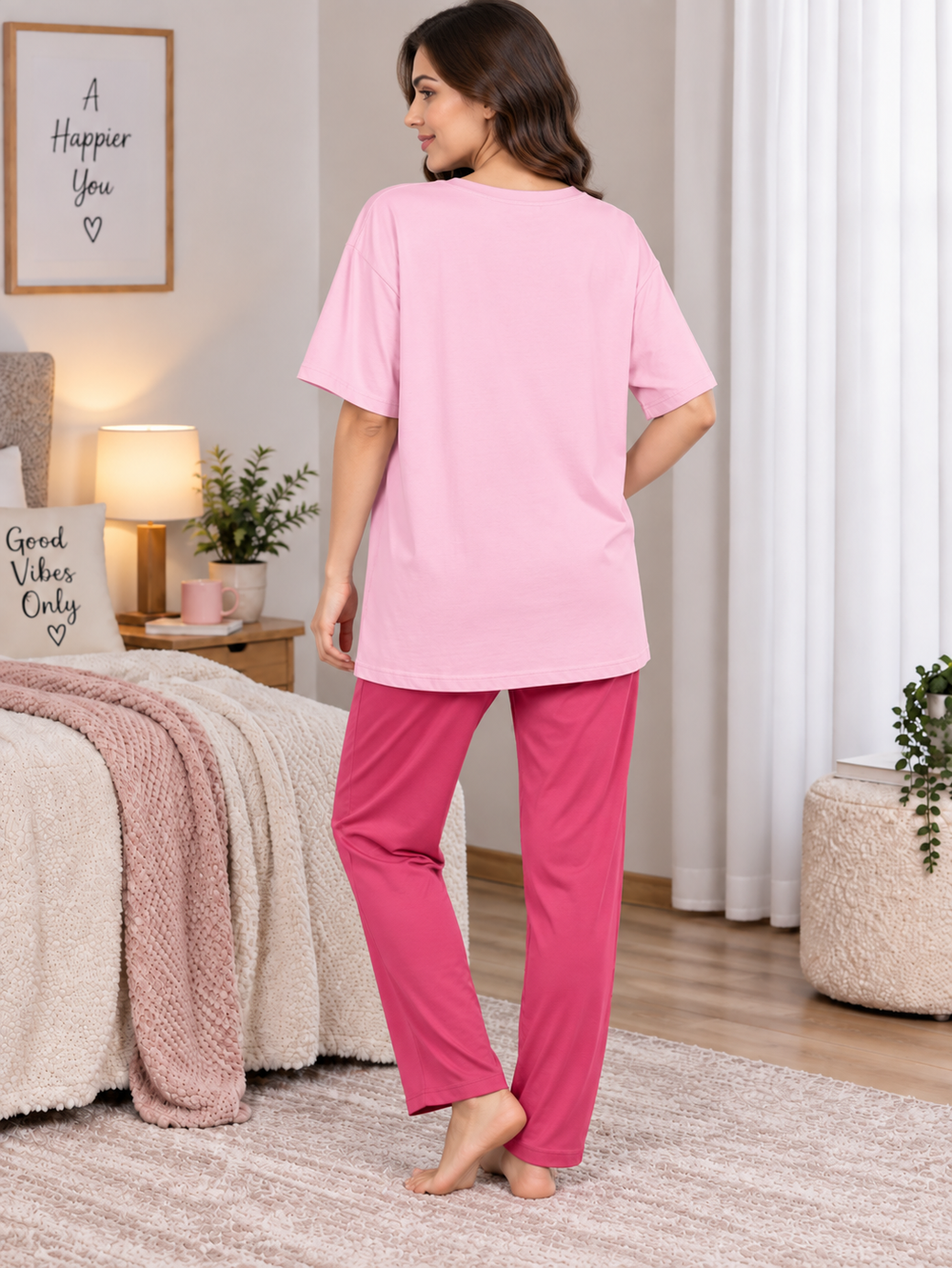 Karavya Women’s Printed Oversized Long T-Shirt & Pajama Nightwear Set