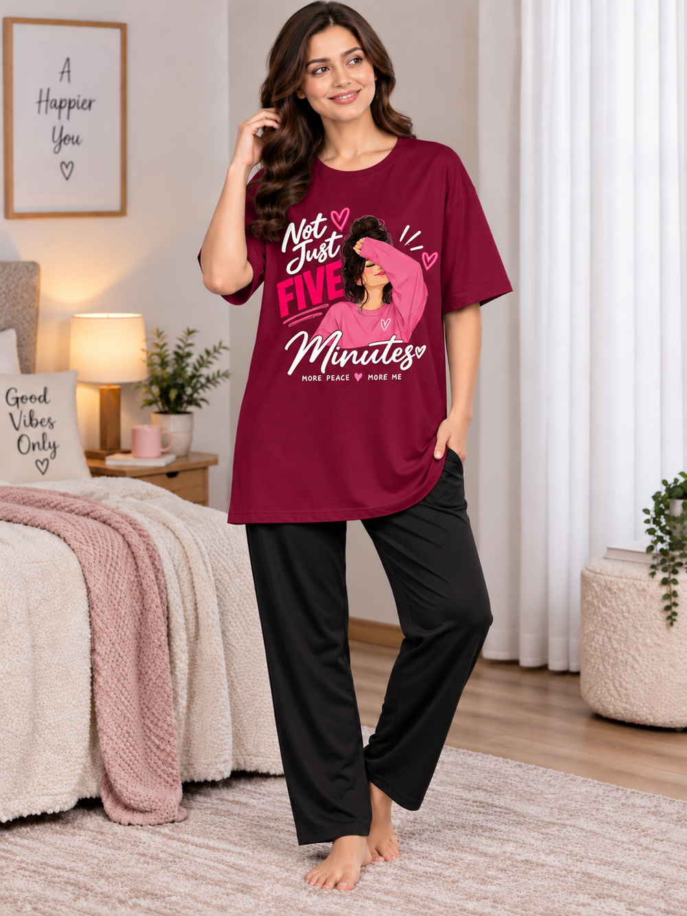 Karavya Women’s Printed Oversized Long T-Shirt & Pajama Nightwear Set