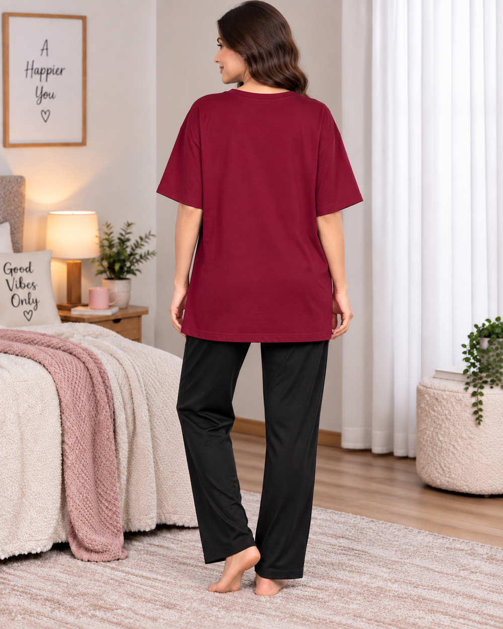 Karavya Women’s Printed Oversized Long T-Shirt & Pajama Nightwear Set