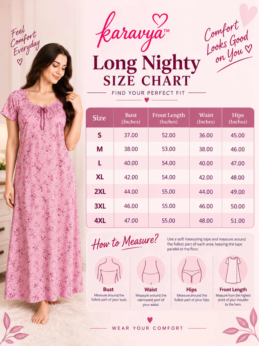 Karavya Wine Round Neck Piping Long Nighty for Women