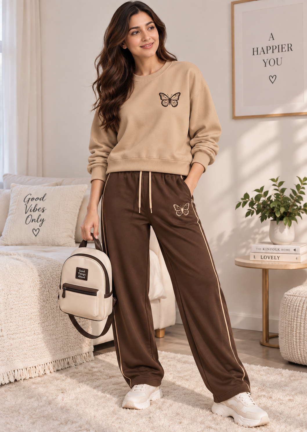 Karavya Women’s Beige Butterfly Sweatshirt with Coffee Brown Track Pants Set