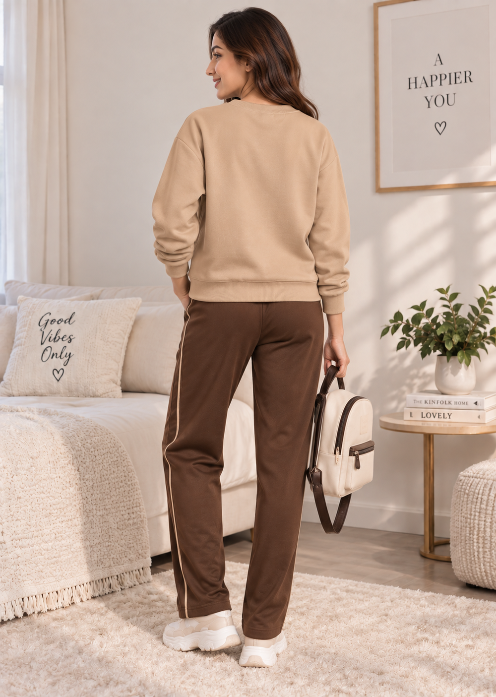 Karavya Women’s Beige Butterfly Sweatshirt with Coffee Brown Track Pants Set