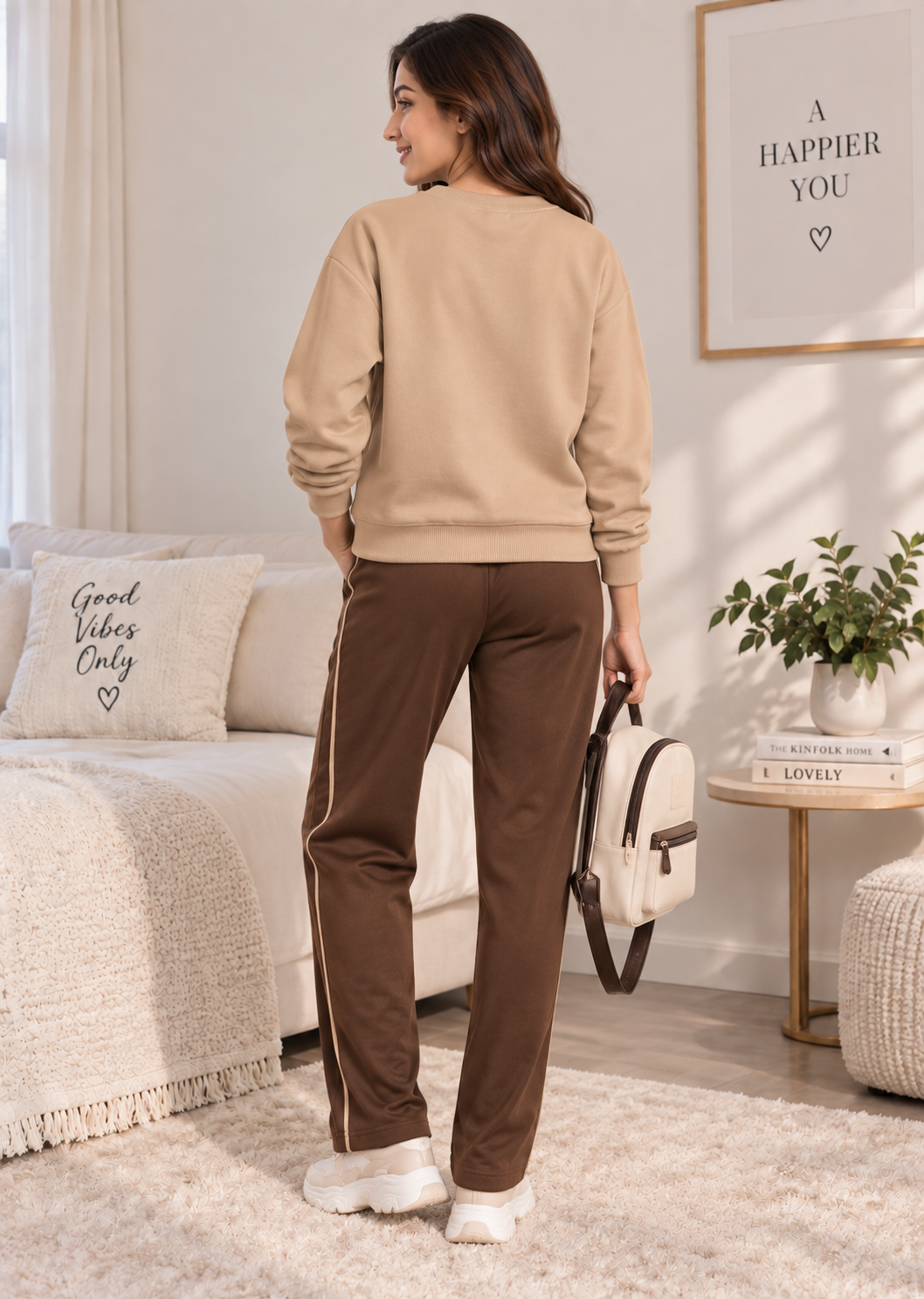 Karavya Women’s Beige Butterfly Sweatshirt with Coffee Brown Track Pants Set