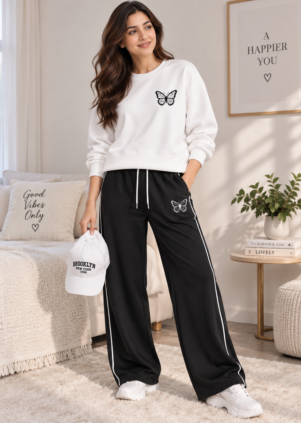 Karavya Women’s White Butterfly Sweatshirt with Black Track Pants Co-ord Set
