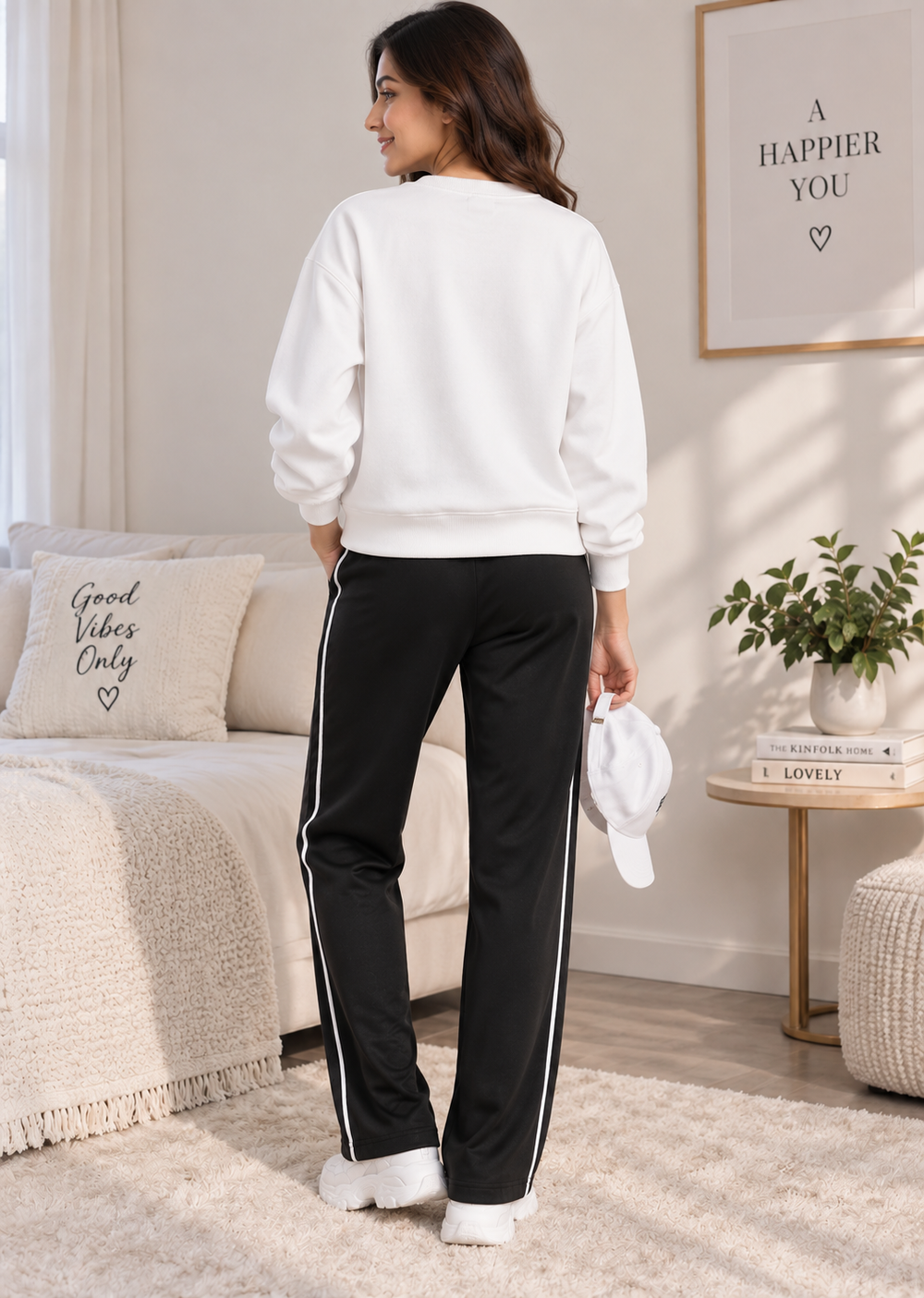 Karavya Women’s White Butterfly Sweatshirt with Black Track Pants Co-ord Set