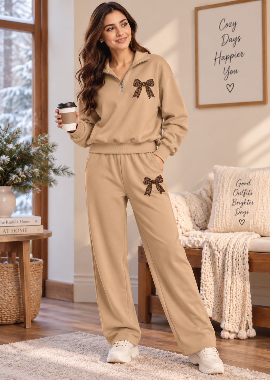 Karavya Women’s Beige Half-Zip Bow Print Winter Co-ord Set