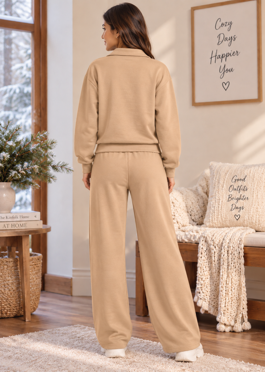 Karavya Women’s Beige Half-Zip Bow Print Winter Co-ord Set