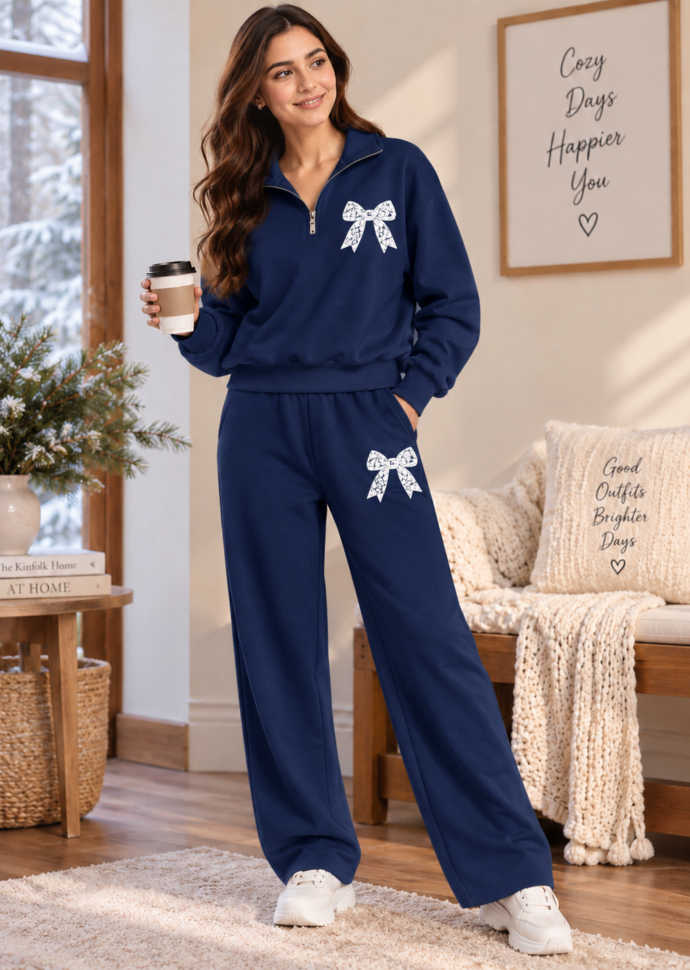 Karavya Women’s Navy Blue Half-Zip Bow Print Winter Co-ord Set