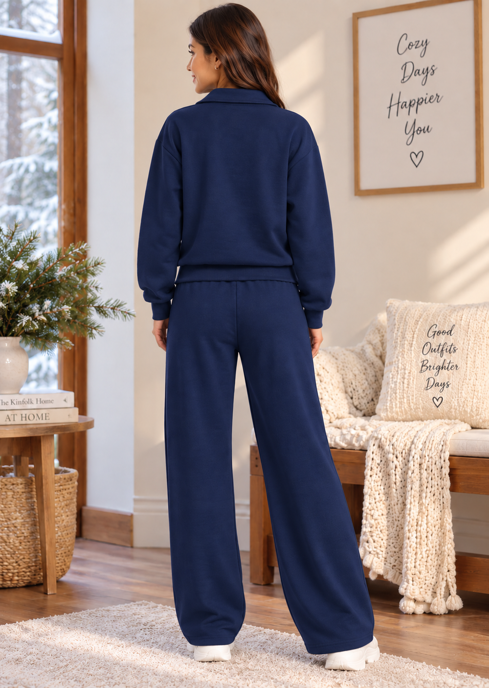 Karavya Women’s Navy Blue Half-Zip Bow Print Winter Co-ord Set